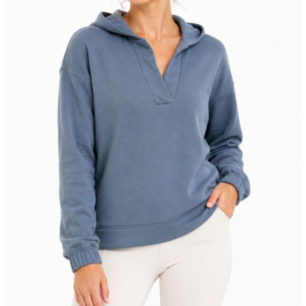 Vuori Restore Hoodie Womens Small Teal Blue Organic Cotton Fleece Pullover VW204